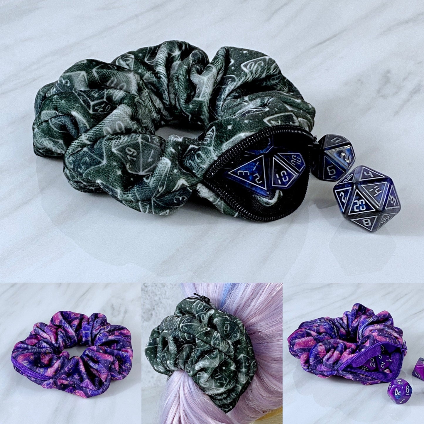 Velvet Galaxy Dice Zipper Stash Scrunchie