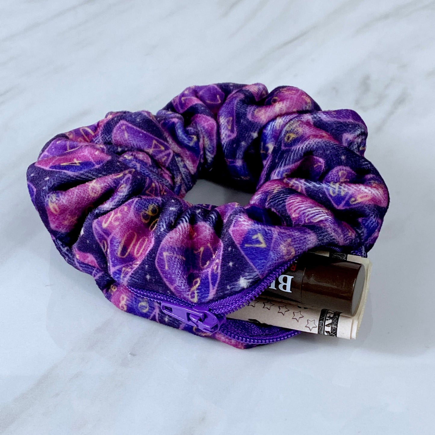 Velvet Galaxy Dice Zipper Stash Scrunchie